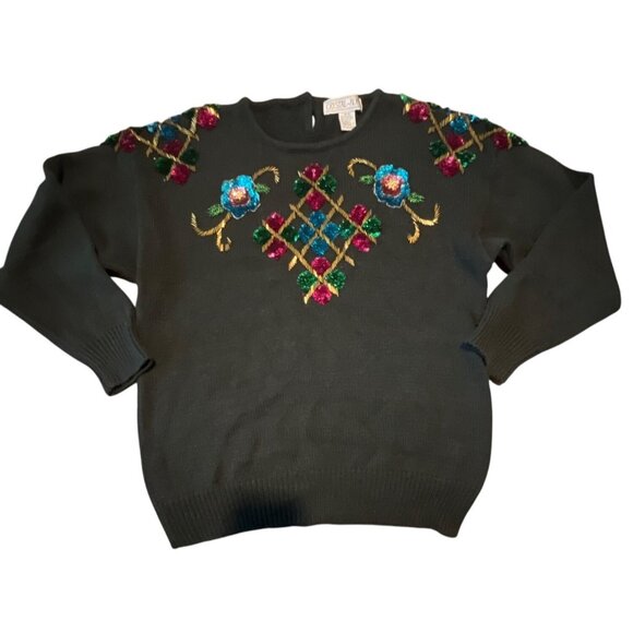 Vintage Crystal-Kobe Sequin Embroidered Sweater M Black - Picture 1 of 7